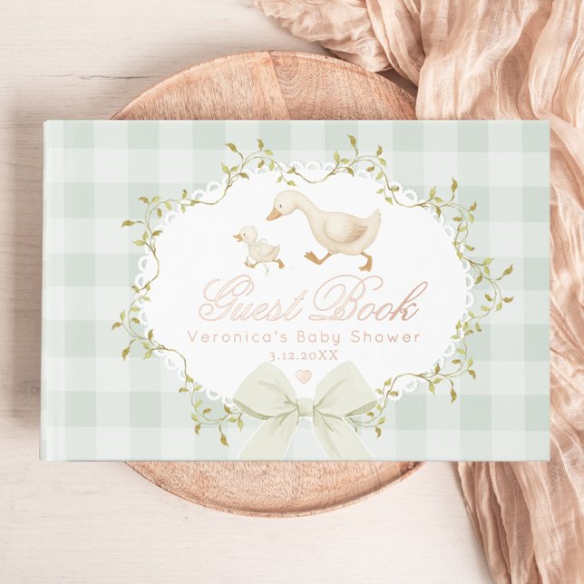 Silly Goose Sage Gingham Whimsical Baby Shower Foil Guest Book (Creator Uploaded)