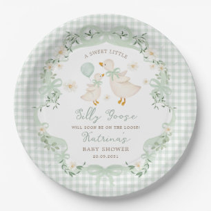 Silly Goose Sage Green Bow Gingham Baby Shower Paper Plates