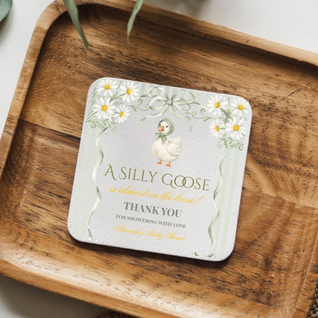 Silly Goose Sage Green Gender Neutral Baby Shower Square Paper Coaster (Creator Uploaded)