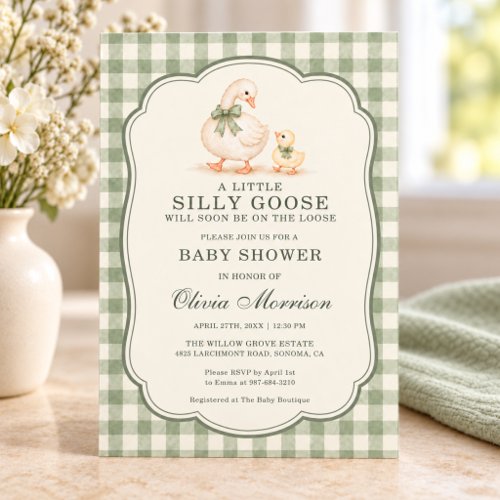 Silly Goose Sage green Gingham or plaid baby shower invitation
