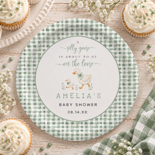 Silly Goose Sage Green Gingham Baby Shower Paper Plates