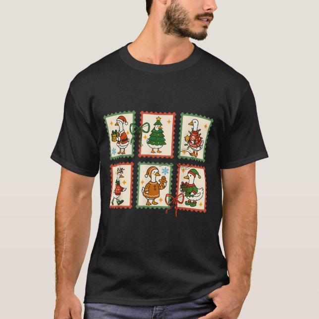 Silly Goose Santa Christmas Stamp Cute Merry Goose T-Shirt (Front)