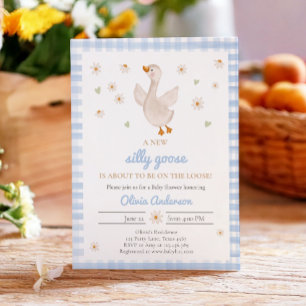 Silly Goose Spring Daisy Gingham Boy Baby Shower Invitation