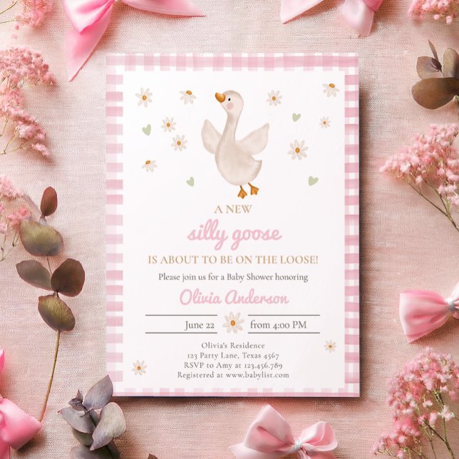 Silly Goose Spring Daisy Gingham Girl Baby Shower Invitation (Creator Uploaded)