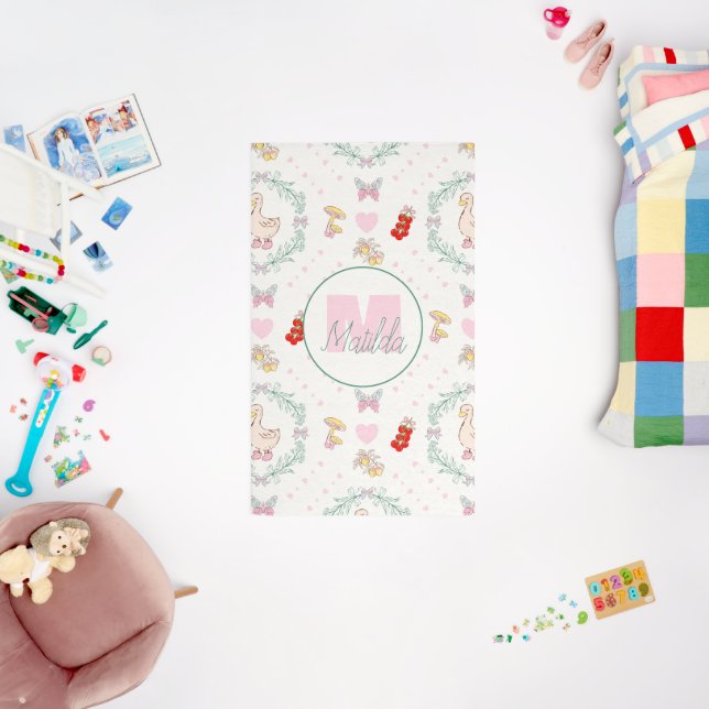 Silly Goose Theme Cute Geese Pink Monogram Rug (Insitu (Babyroom))