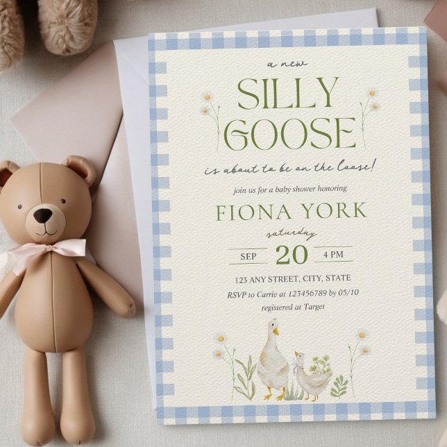 Silly Goose Watercolor Boy Baby Shower Invitation (Silly Goose On the Loose Boy Baby Shower Invitation Blue Gingham Aesthetic Minimalist)