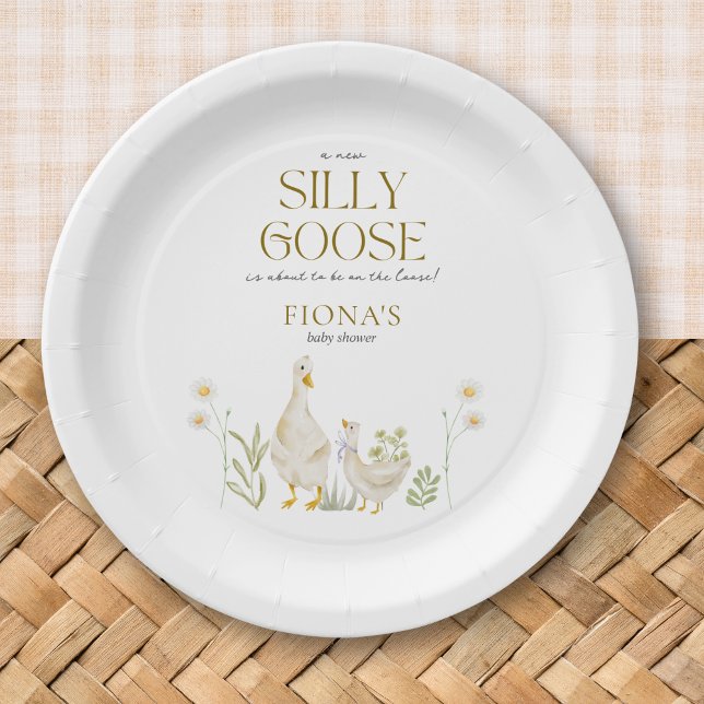 Silly Goose Watercolor Gender Neutral Baby Shower Paper Plates (Silly Goose Baby Shower Theme Custom Paper Plates with Greenery Daisy Beige Gender Neutral Minimal)