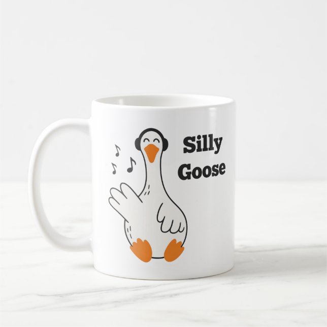Silly Goose Wearing Headphones – Cute Funny Goose Coffee Mug (Left)