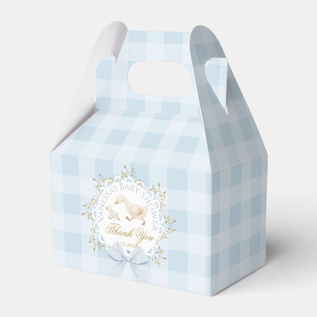 Silly Goose Whimsical Blue Gingham Baby Shower Favor Boxes (Front Side)
