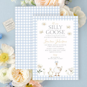 Silly Goose Whimsical Blue Gingham Baby Shower Invitation