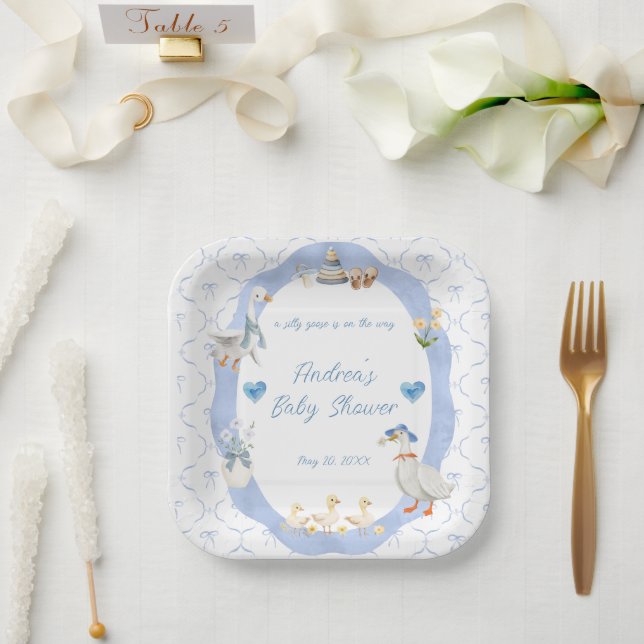 Silly Goose Whimsical Bow Baby Boy Shower Paper Plates (Wedding)