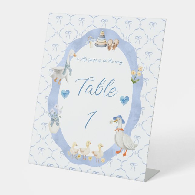 Silly Goose Whimsical Bow Baby Boy Shower Pedestal Sign (Front)