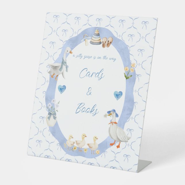 Silly Goose Whimsical Bow Baby Boy Shower Pedestal Sign (Front)