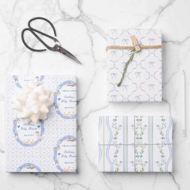 Silly Goose Whimsical Bow Baby Boy Shower Wrapping Paper Sheets (Front)