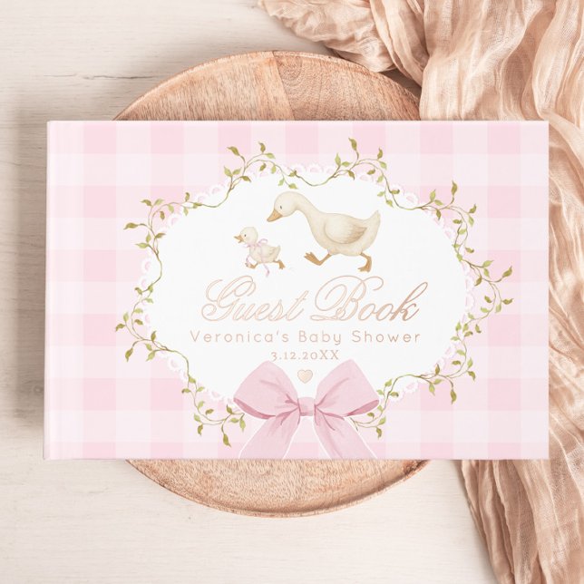Silly Goose Whimsical Gingham Baby girl Shower Foil Guest Book (Creator Uploaded)