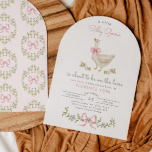Silly Goose whimsical Pink Bow Baby girl shower Invitation