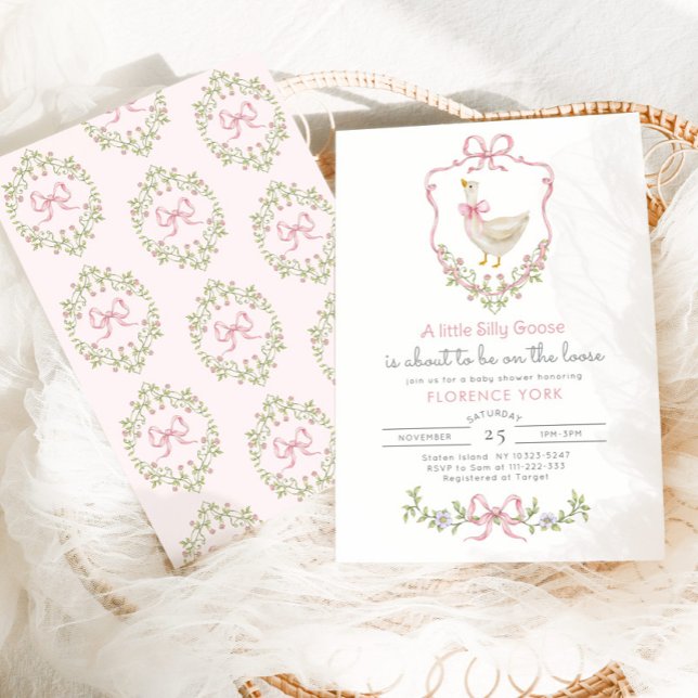 Silly Goose whimsical Pink Bow Baby girl shower Invitation (Creator Uploaded)