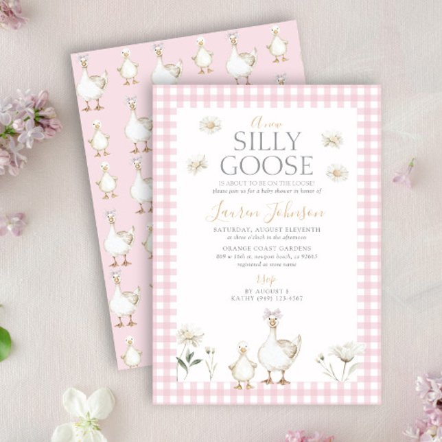 Silly Goose Whimsical Pink Bow Baby Girl Shower Invitation (Creator Uploaded)