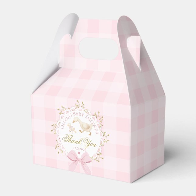 Silly Goose Whimsical Pink Gingham Baby Shower Favor Boxes (Front Side)