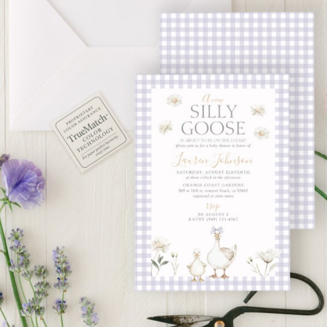 Silly Goose Whimsical Purple Gingham Baby Shower Invitation (Creator Uploaded)