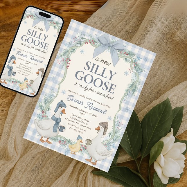 Silly Goose Winter Blue Plaid Gingham Baby Shower Invitation (Creator Uploaded)