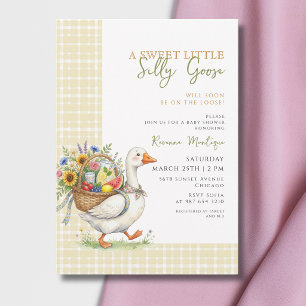 Silly Goose Yellow Gingham Flower Baby Shower Invitation