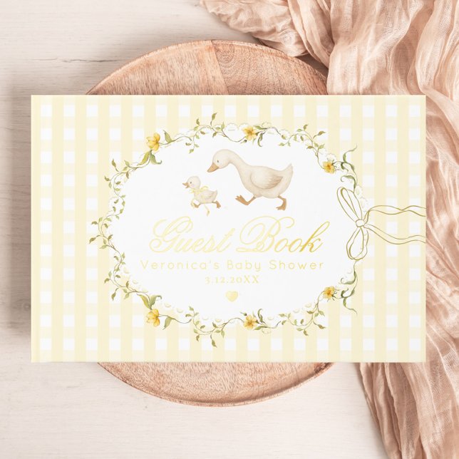 Silly Goose Yellow Gingham Whimsical Baby Shower Foil Guest Book (Creator Uploaded)