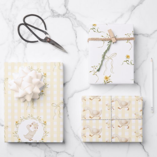 Silly Goose Yellow Gingham wildflower Baby Shower Wrapping Paper Sheets (Front)