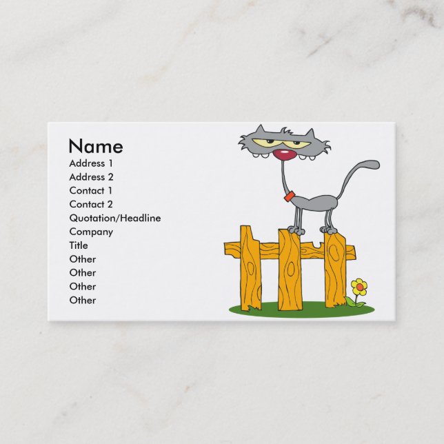 silly gray cat standing on a fence cartoon business card (Front)