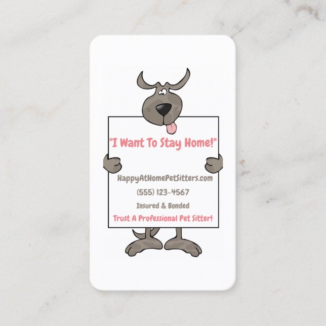Silly Gray Dog Holding Picket Sign Pet Sitter Business Card (Front)