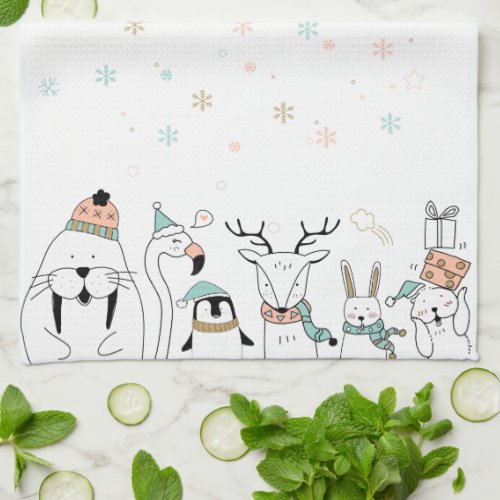 Silly Holiday Doodle Winter Animals Kitchen Towel