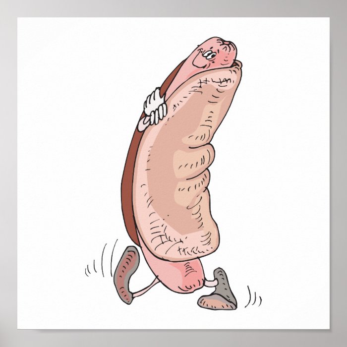 silly hot dog in bun cartoon character poster