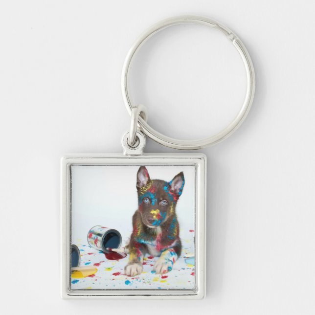 Silly Husky Puppy got into Paint Buckets Keychain (Front)
