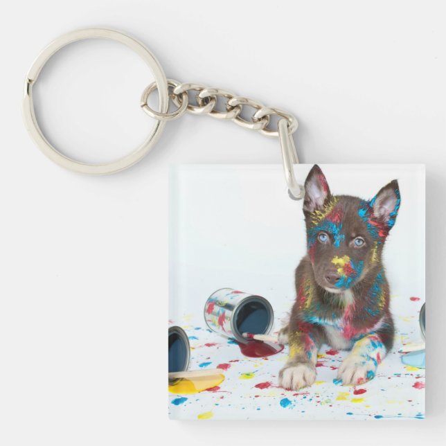 Silly Husky Puppy got into Paint Buckets Keychain (Front)