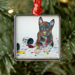 Silly Husky Puppy got into Paint Buckets Metal Ornament