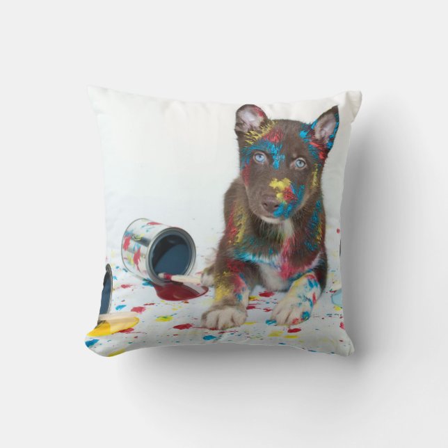 Silly Husky Puppy got into Paint Buckets Throw Pillow (Front)
