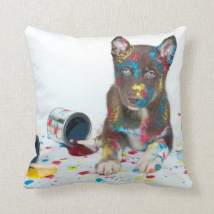 Silly Husky Puppy got into Paint Buckets Throw Pillow