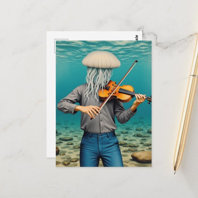 Silly Jellyfish Person Making Music Postcard (Front/Back In Situ)