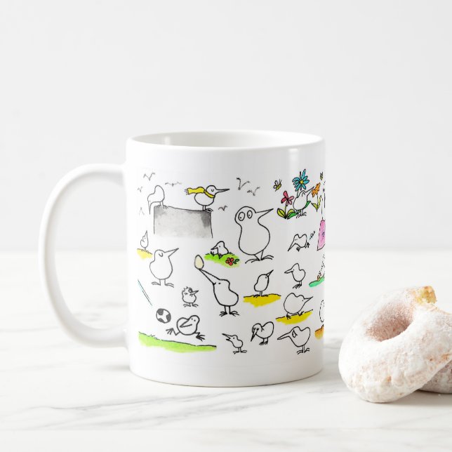 Silly Kiwi Birds mug by Nicole Janes (With Donut)