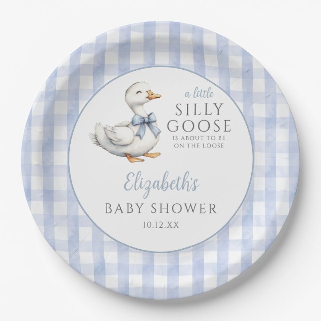 Silly Little Goose Blue Gingham Baby Shower Paper Plates (Front)