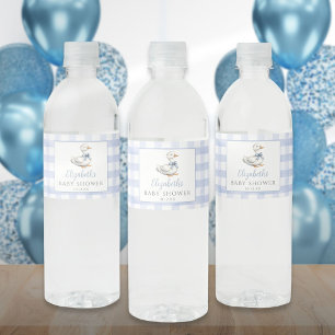Silly Little Goose Blue Gingham Baby Shower Water Bottle Label