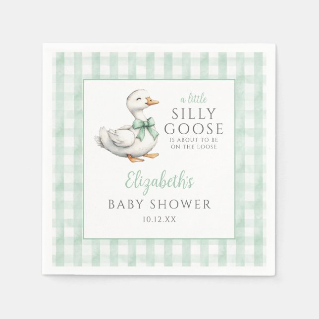 Silly Little Goose Green Gingham Baby Shower Napkins (Front)