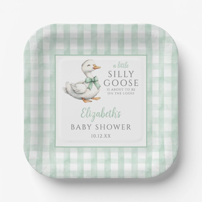 Silly Little Goose Green Gingham Baby Shower Paper Plates (Front)