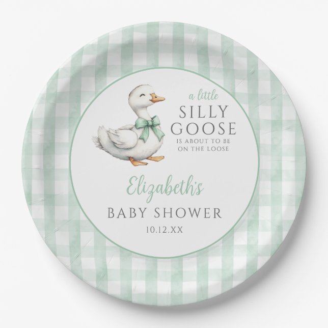 Silly Little Goose Green Gingham Baby Shower Paper Plates (Front)