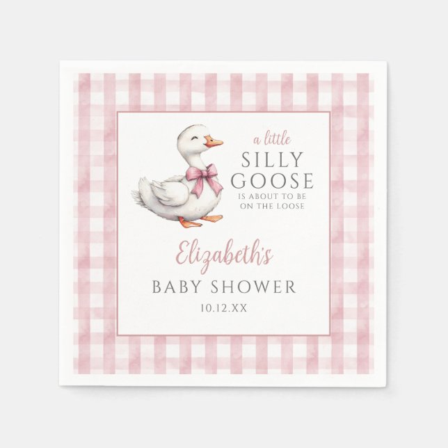 Silly Little Goose Pink Gingham Baby Shower Napkins (Front)