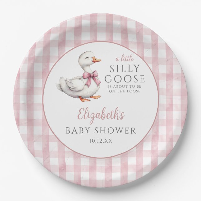 Silly Little Goose Pink Gingham Baby Shower Paper Plates (Front)