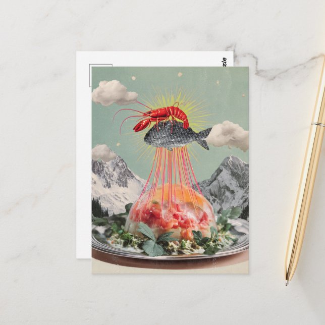 Silly Lobster Fish Surreal Jellyfish Collage Postcard (Front/Back In Situ)