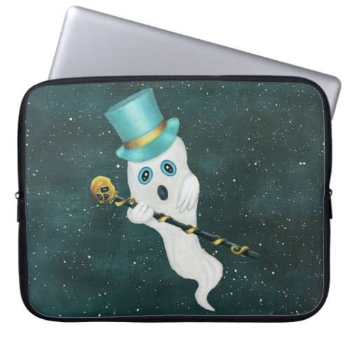 Silly Looking White Ghost With Top Hat Skull Cane  Laptop Sleeve