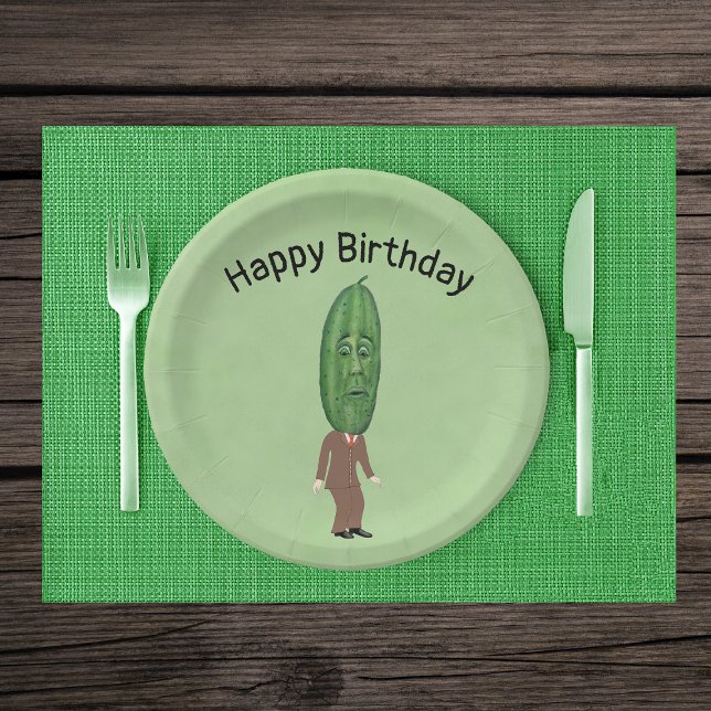 Silly Man Green Pickle Head with Face Brown Suit Paper Plates (Silly man in suit big green pickle head with face on green Happy Birthday paper party plates.)