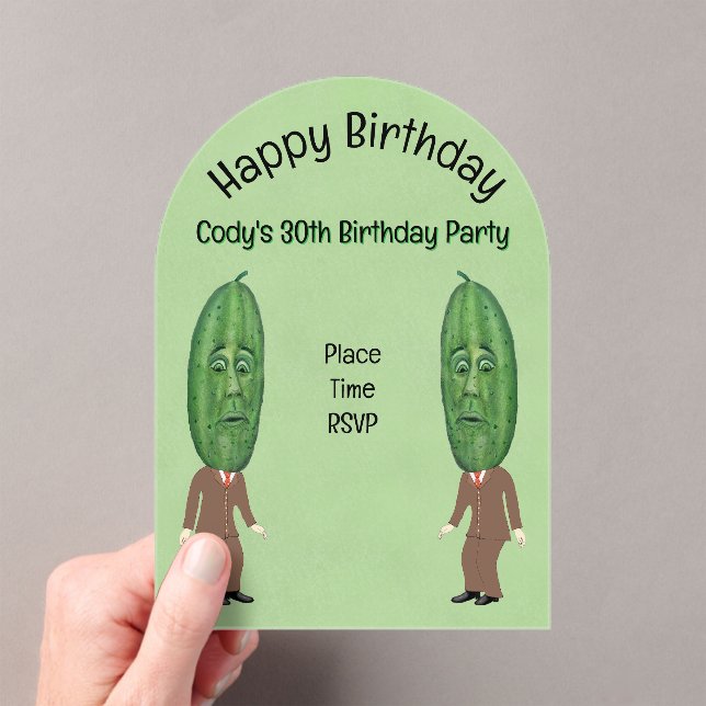 Silly Men Big Green Pickle Heads Faces Birthday Acrylic Invitations (Insitu (Handheld))